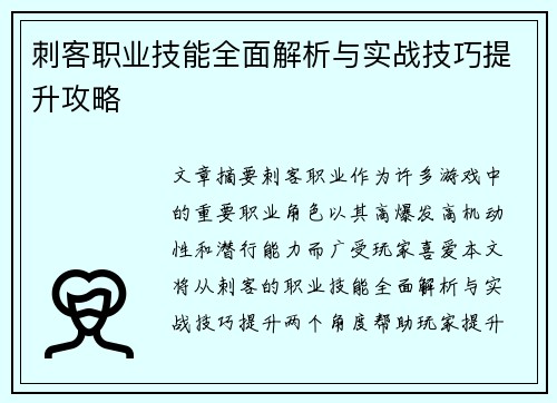 刺客职业技能全面解析与实战技巧提升攻略